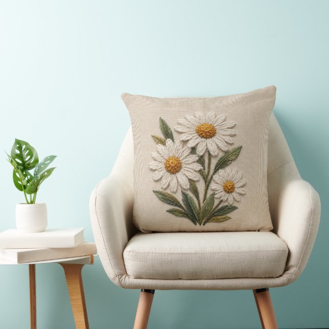 Embroidered Daisy Bloom Throw Pillow (Chair)