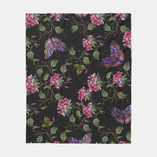 Embroidered Datura Flowers: Botanical Art Fleece Blanket (Front)