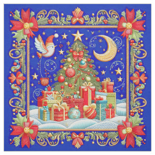 Embroidered Decorated Christmas Tree with Gifts Fabric