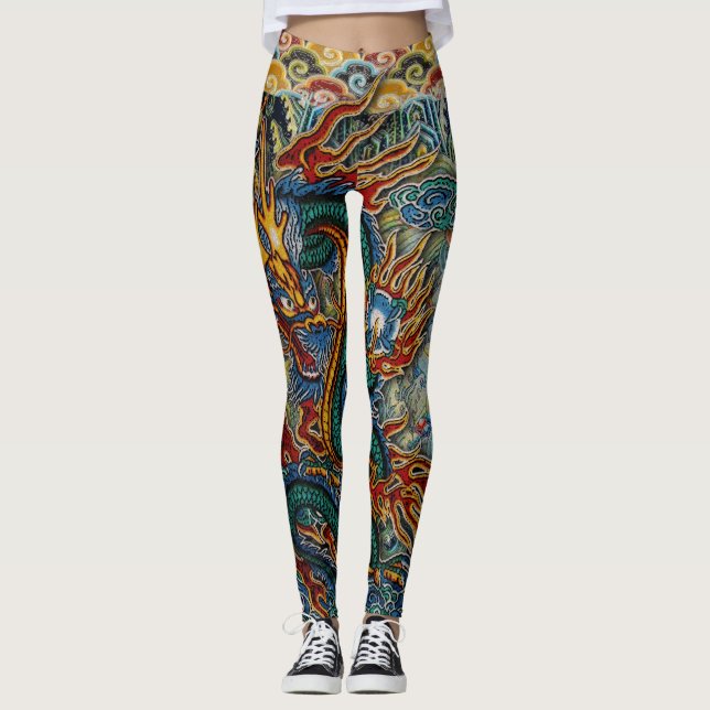 Embroidered Fiery Chinese Dragon Leggings (Front)