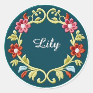 Embroidered Floral Circular Border Design Classic Round Sticker