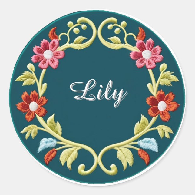 Embroidered Floral Circular Border Design Classic Round Sticker (Front)