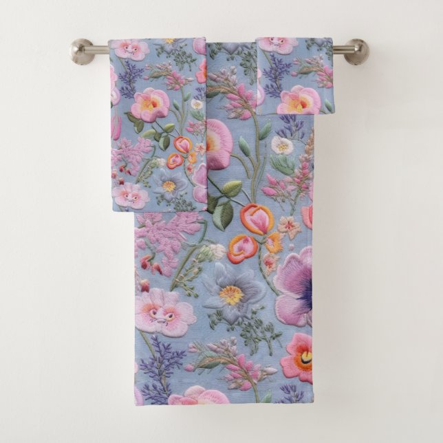 Embroidered Floral Seamless Pattern Bath Towel Set (Insitu)
