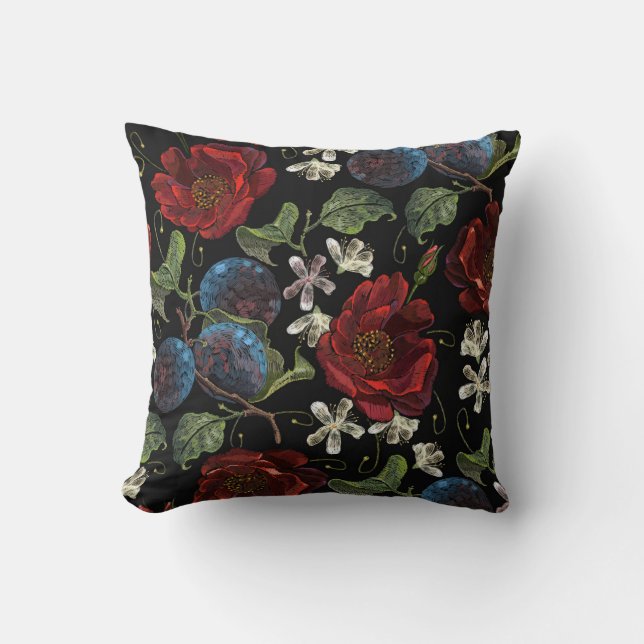 Embroidered Florals: Renaissance Seamless Pattern Throw Pillow (Front)