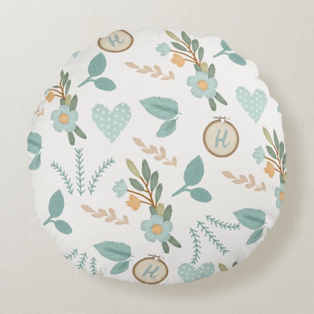 Embroidered Flower Design Crafters Blue Monogram Round Pillow (Front)