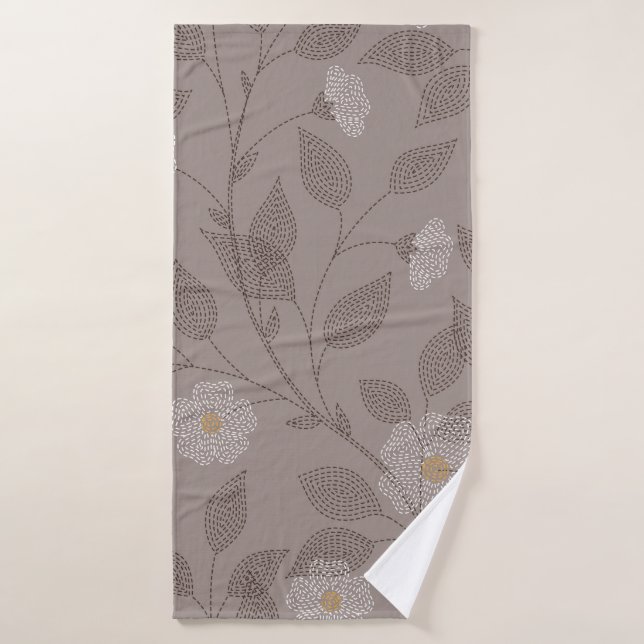 Embroidered flowers and leaves on brown background bath towel (Bath Towel)