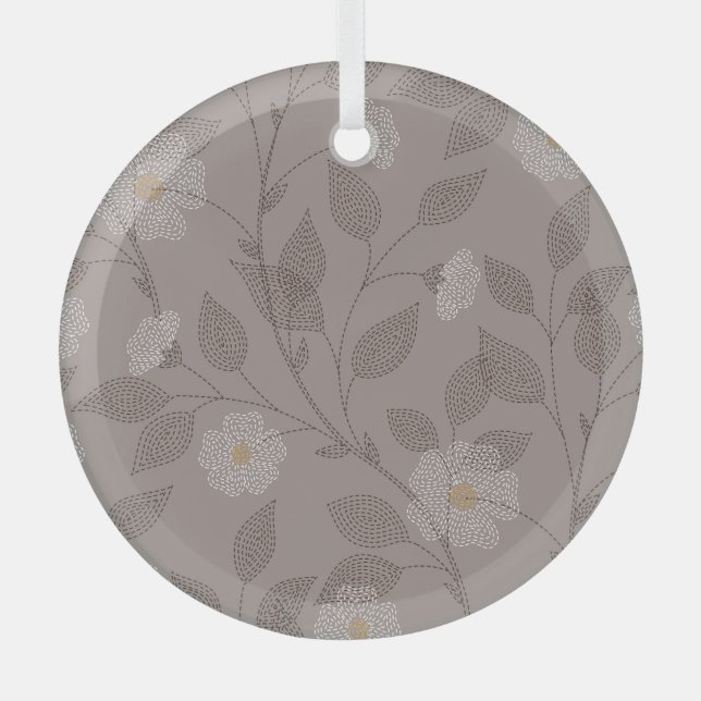 Embroidered flowers and leaves, seamless design. glass ornament (Front)