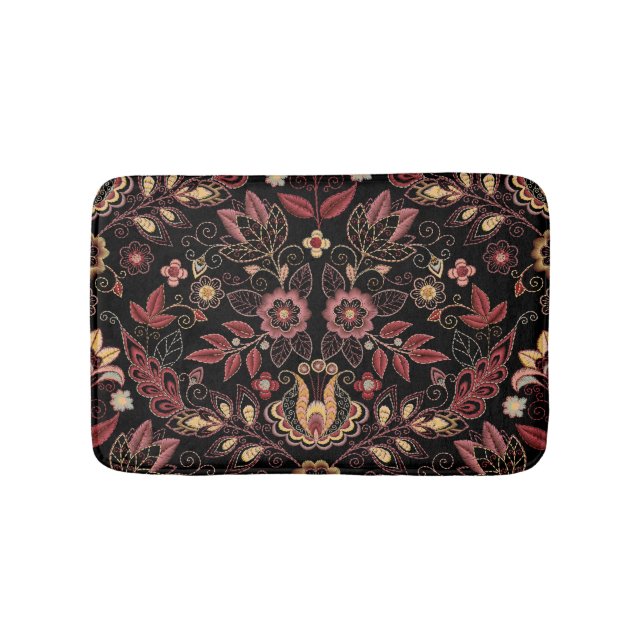 Embroidered flowers, dark vintage elegance bath mat (Front)