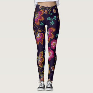 Embroidered flowers: fashion seamless pattern leggings