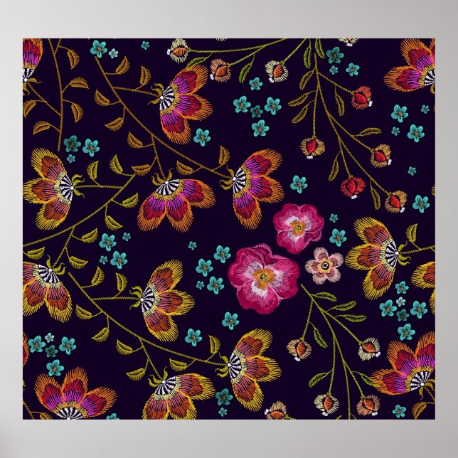 Embroidered flowers: fashion seamless pattern poster (Front)