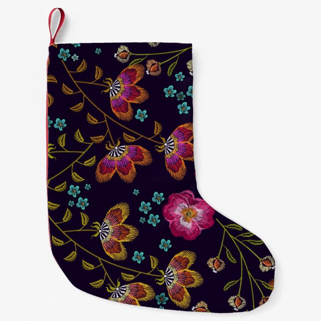 Embroidered flowers: fashion seamless pattern small christmas stocking (Front)