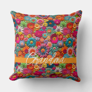 Embroidered Flowers GRANDMA Name Colourful Fun Throw Pillow