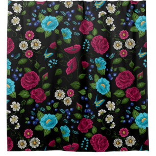 Embroidered Folk Style Pink Blue Floral Black