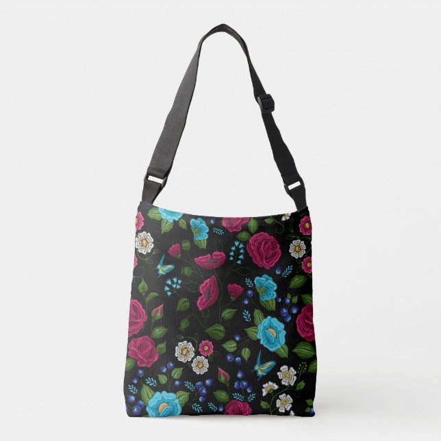 Embroidered Folk Style Pink Blue Floral Black Crossbody Bag (Front)