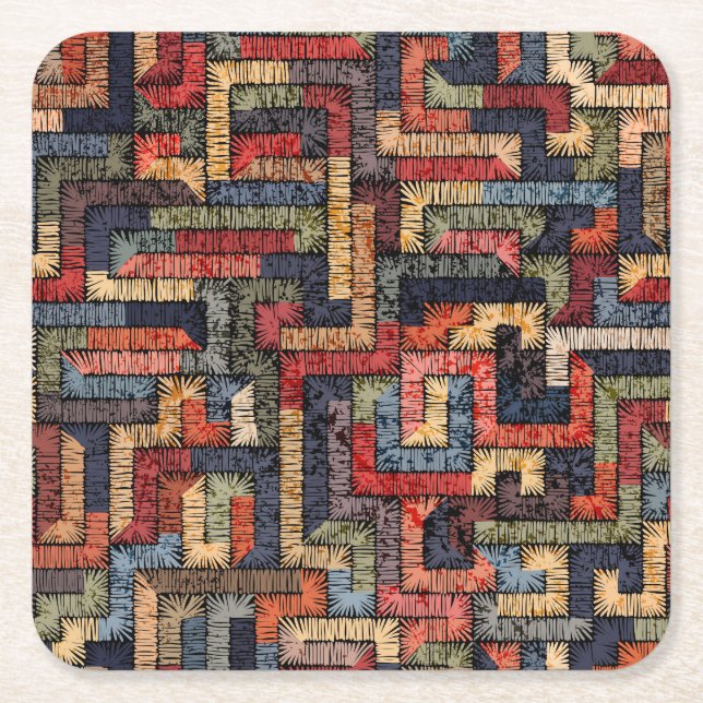Embroidered geometric, ethnic texture square paper coaster (Front)