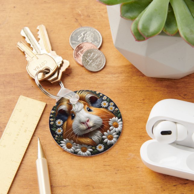 Embroidered Guinea Pig with Daisies Keychain (Desk)
