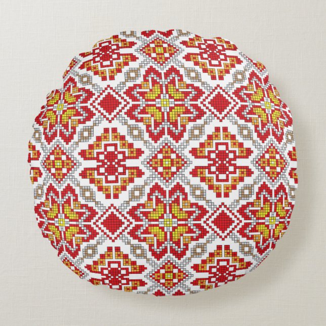 Embroidered handmade cross-stitch ethnic Ukraine p Round Pillow (Front)