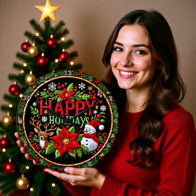Embroidered Happy Holidays Black Large Clock (Creator Uploaded)