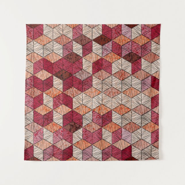 Embroidered Hexagons: Bohemian Patchwork Print. Tapestry (Front)