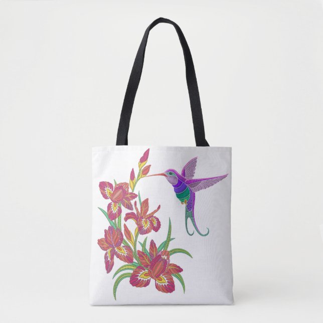 Embroidered Hummingbird and Iris Flowers Tote Bag (Front)