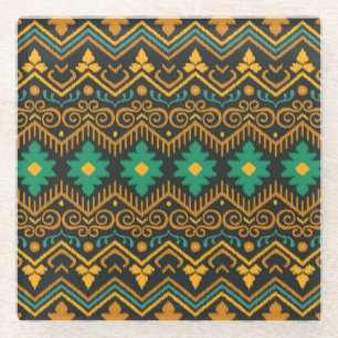 Embroidered Ikat Fabric Ethnic Design Glass Coaster