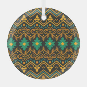 Embroidered Ikat Fabric Ethnic Design Glass Ornament