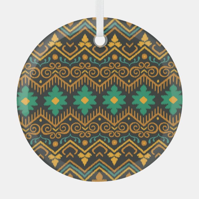 Embroidered Ikat Fabric Ethnic Design Glass Ornament (Front)