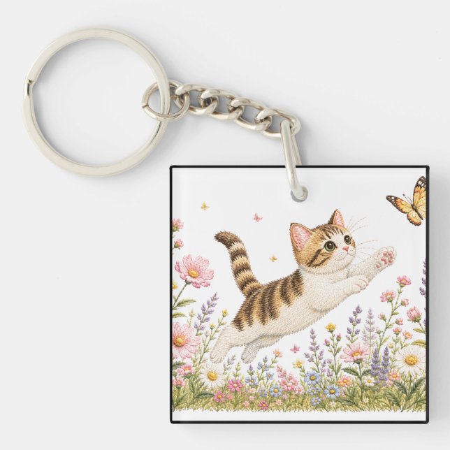 Embroidered Kitten Chasing Butterfly in Wildflower Keychain (Front)