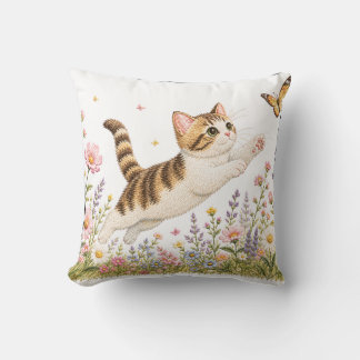 Embroidered Kitten Chasing Butterfly in Wildflower Throw Pillow