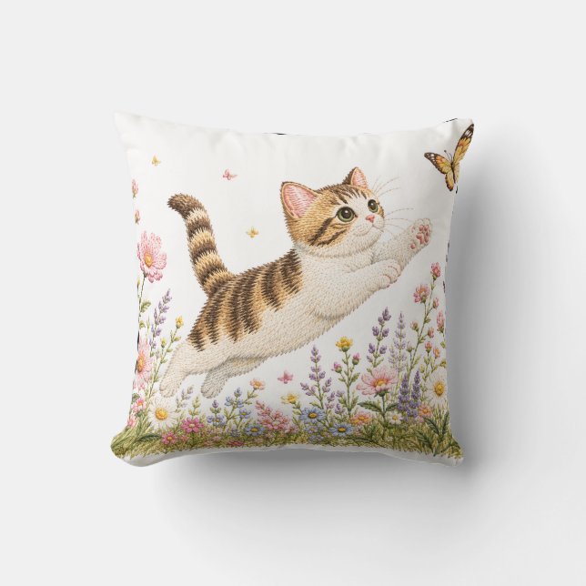 Embroidered Kitten Chasing Butterfly in Wildflower Throw Pillow (Front)