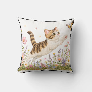 Embroidered Kitten Chasing Butterfly in Wildflower Throw Pillow
