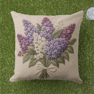 Embroidered Lilac Bouquet – Faux Embroidery Linen Outdoor Pillow