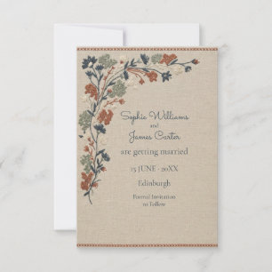 Embroidered Linen Folk Floral Navy Rust Save The Date