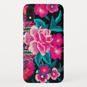 Embroidered look floral boho black pink iPhone XR case
