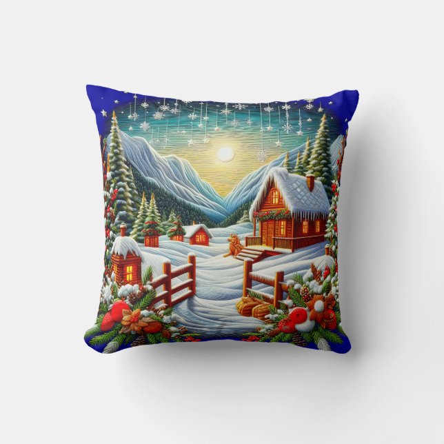 Embroidered Look Outdoor Winter Christmas Scene Throw Pillow (Front)