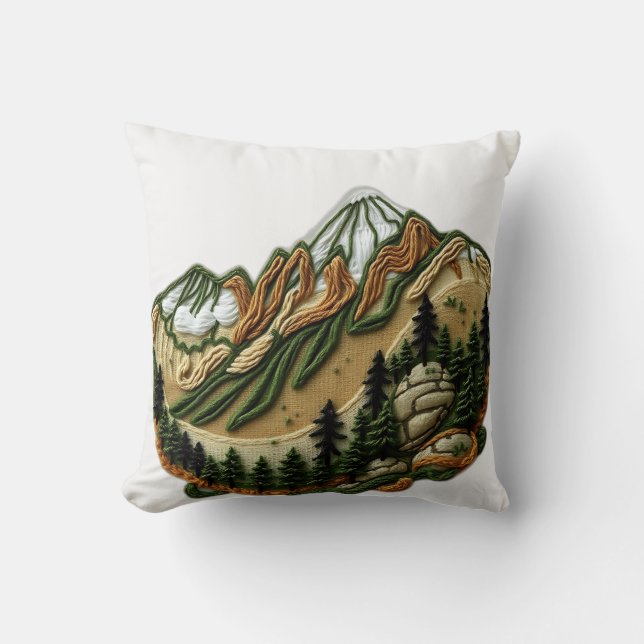 Embroidered Mountain Landscape Throw Pillow (Front)