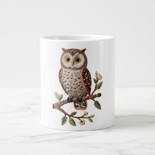 Embroidered Owl on Branch Rustic Nature Art Design Large Coffee Mug