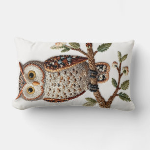 Embroidered Owl on Branch Rustic Nature Art Design Lumbar Pillow