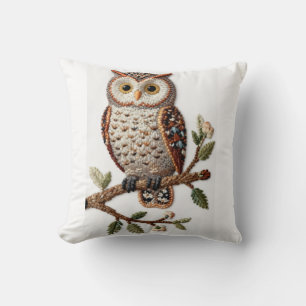 Embroidered Owl on Branch Rustic Nature Art Design Throw Pillow
