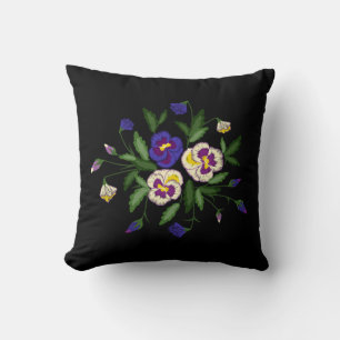 Embroidered Pansies Purple Blue White Bouquet Throw Pillow