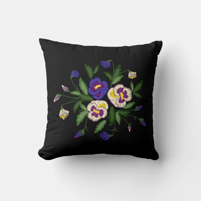 Embroidered Pansies Purple Blue White Bouquet Throw Pillow (Front)