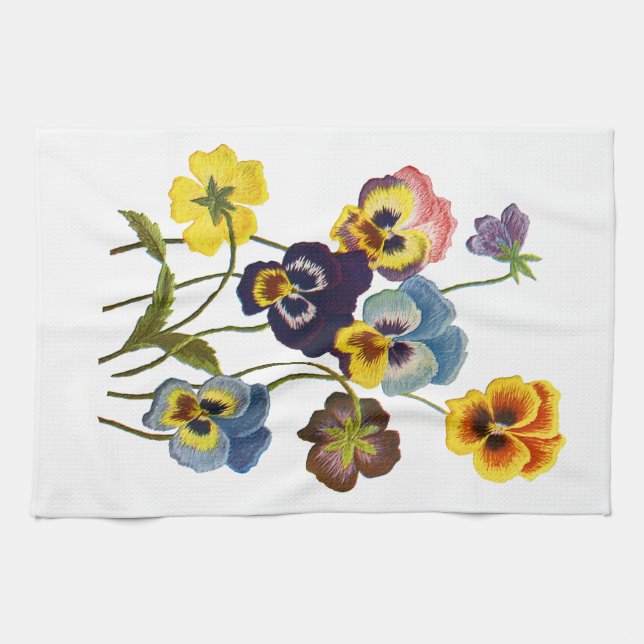 Embroidered Parade of Pansies Kitchen Towel (Horizontal)