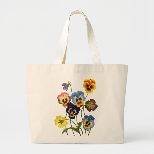 Embroidered Parade of Pansies Large Tote Bag (Front)