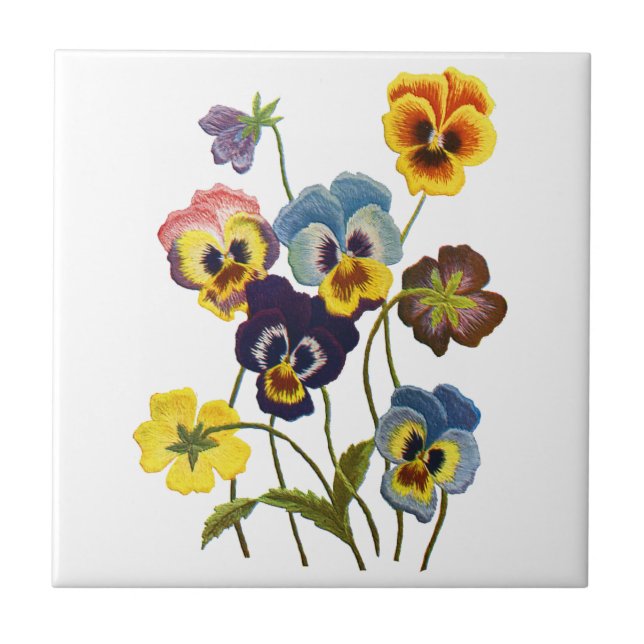 Embroidered Parade of Pansies Tile (Front)