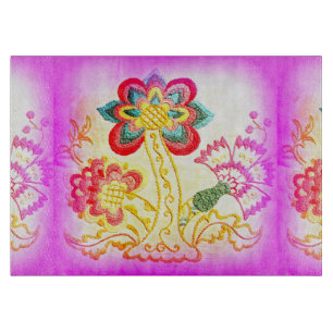 embroidered pink palm tree glass cutting board