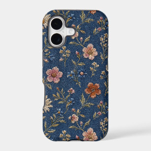 Embroidered plain wildflowers on denim background