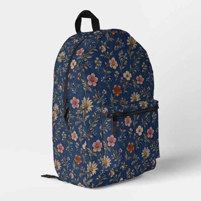 Embroidered plain wildflowers on denim background printed backpack (Back Corner Left)