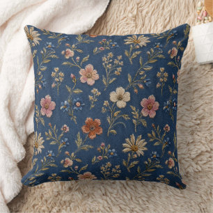 Embroidered plain wildflowers on denim background throw pillow