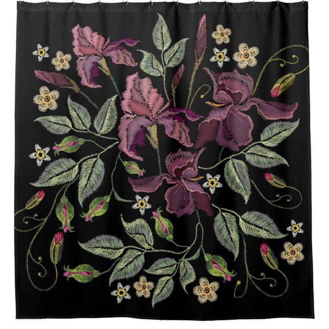 Embroidered Purple Irises Black Background. (Front)