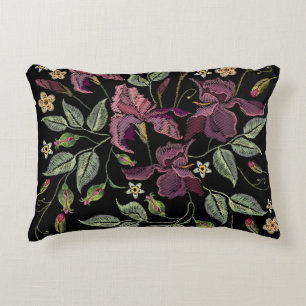 Embroidered Purple Irises Black Background. Accent Pillow